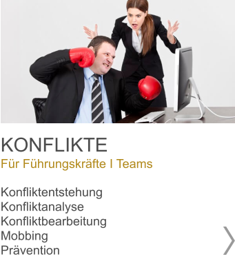 KONFLIKTE Für Führungskräfte I Teams  Konfliktentstehung Konfliktanalyse Konfliktbearbeitung Mobbing  Prävention